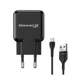 Зарядний пристрій USB 220В Grand-X 5V 2.1A (CH-03UMB) Чорний, із захистом від перевантаження+cable Micro USB