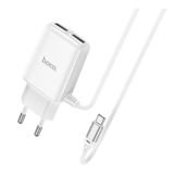 Зарядний пристрій USB 220В Hoco C82A (2USB 2.4A) white з кабелем Micro
