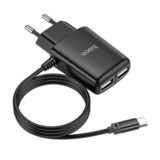 Зарядний пристрій USB 220В Hoco C82A (2USB 2.4A) black з кабелем Type C