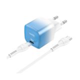 Зарядний пристрій 220В Hoco C101A PD 20W + кабель Type-C to Lightning Ice Blue 5V / 3A, USB-A – 18W (QC/FCP), Type-C – 20W (PD/QC).
