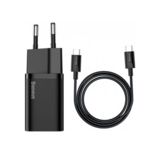 Зарядний пристрій TypeC 220В Baseus TZCCSUP-L01 Super Si Quick Charger 1C 25W EU Sets Black + кабель Type-C 3A (1m)