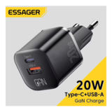 Зарядний пристрій USB+TypeC 220В Essager 20W QC3.0 AFC FCP SCP 5 В/3 А, 9 В/2,22 А, 12 В/1,67 А (Швидка зарядка)