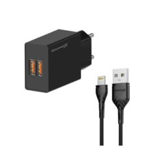�������� ������� USB 220� Grand-X 5V 2,4A (CH15LTB) 2USB �� �������� �� �������������� Black+cable USB-Lightning